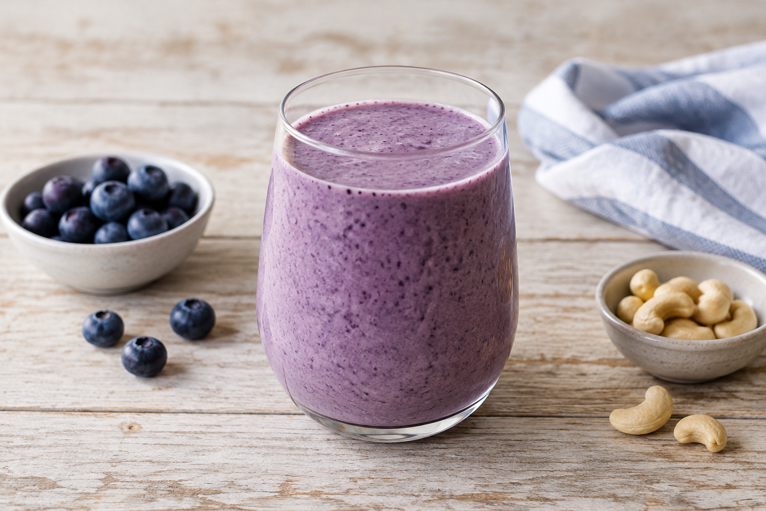 Vitamina cremosa com mirtilo e castanha-de-caju