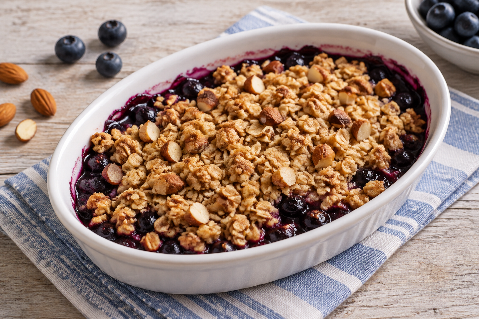 Crumble de aveia com mirtilo e amêndoas