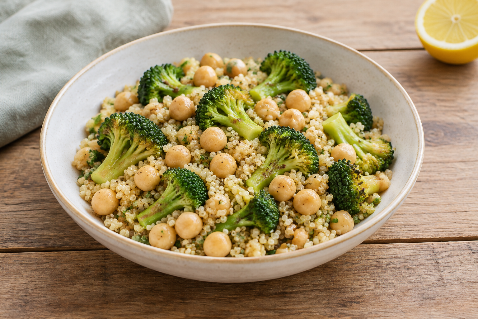 Quinoa quente com grão-de-bico cozido e brócolis