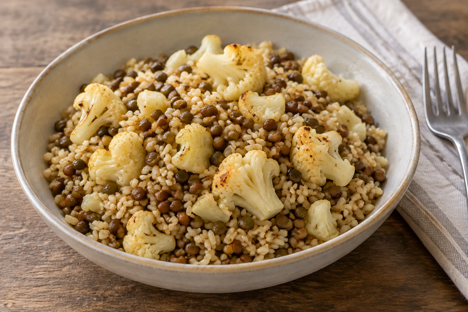 Quinoa quente com lentilha cozida e couve-flor · arroz integral