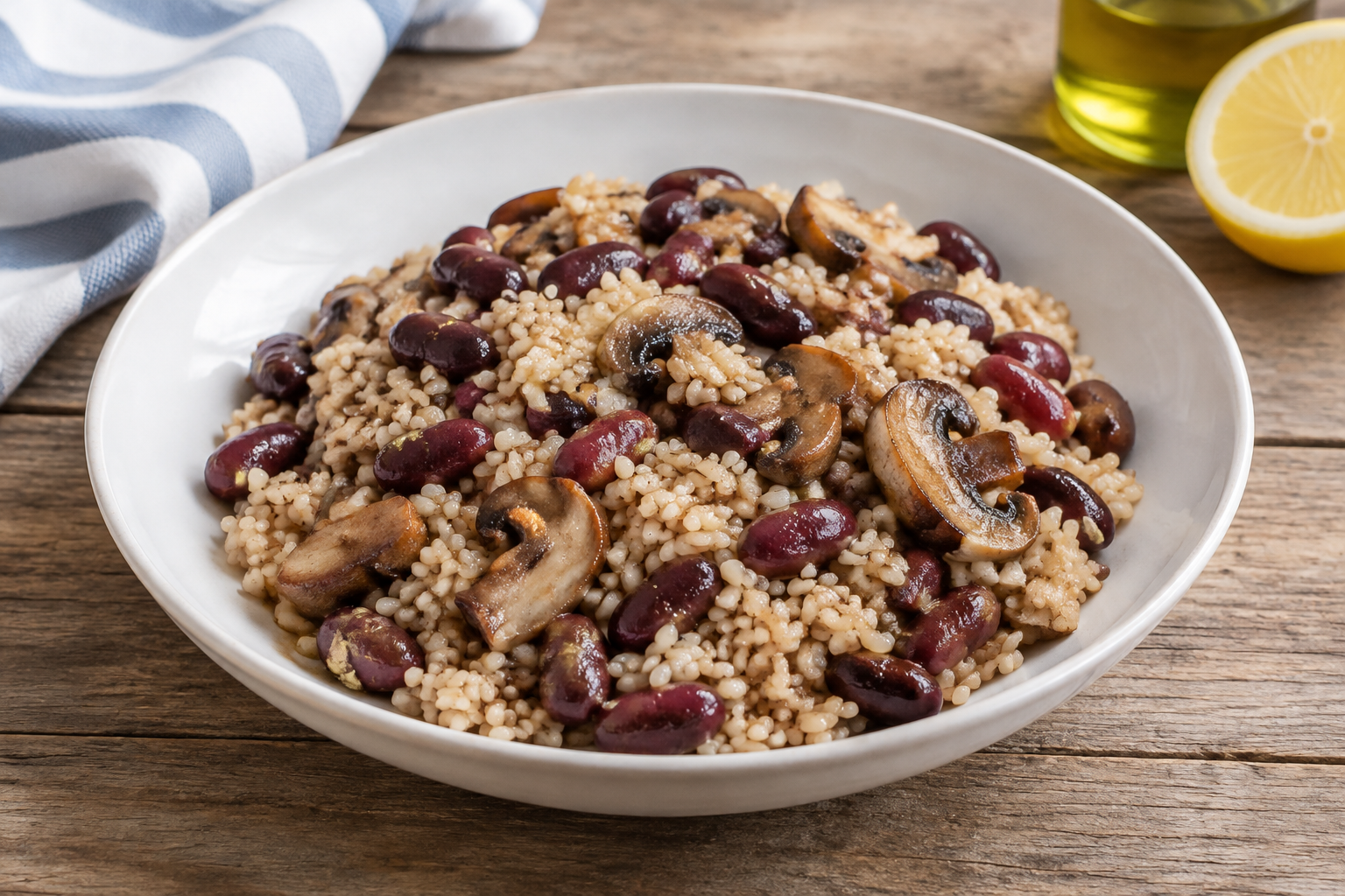 Quinoa quente com feijão vermelho cozido e cogumelos · arroz integral