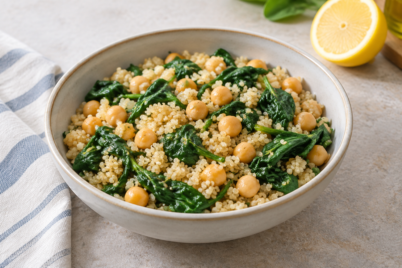 Bowl morno com grão-de-bico cozido e espinafre · quinoa