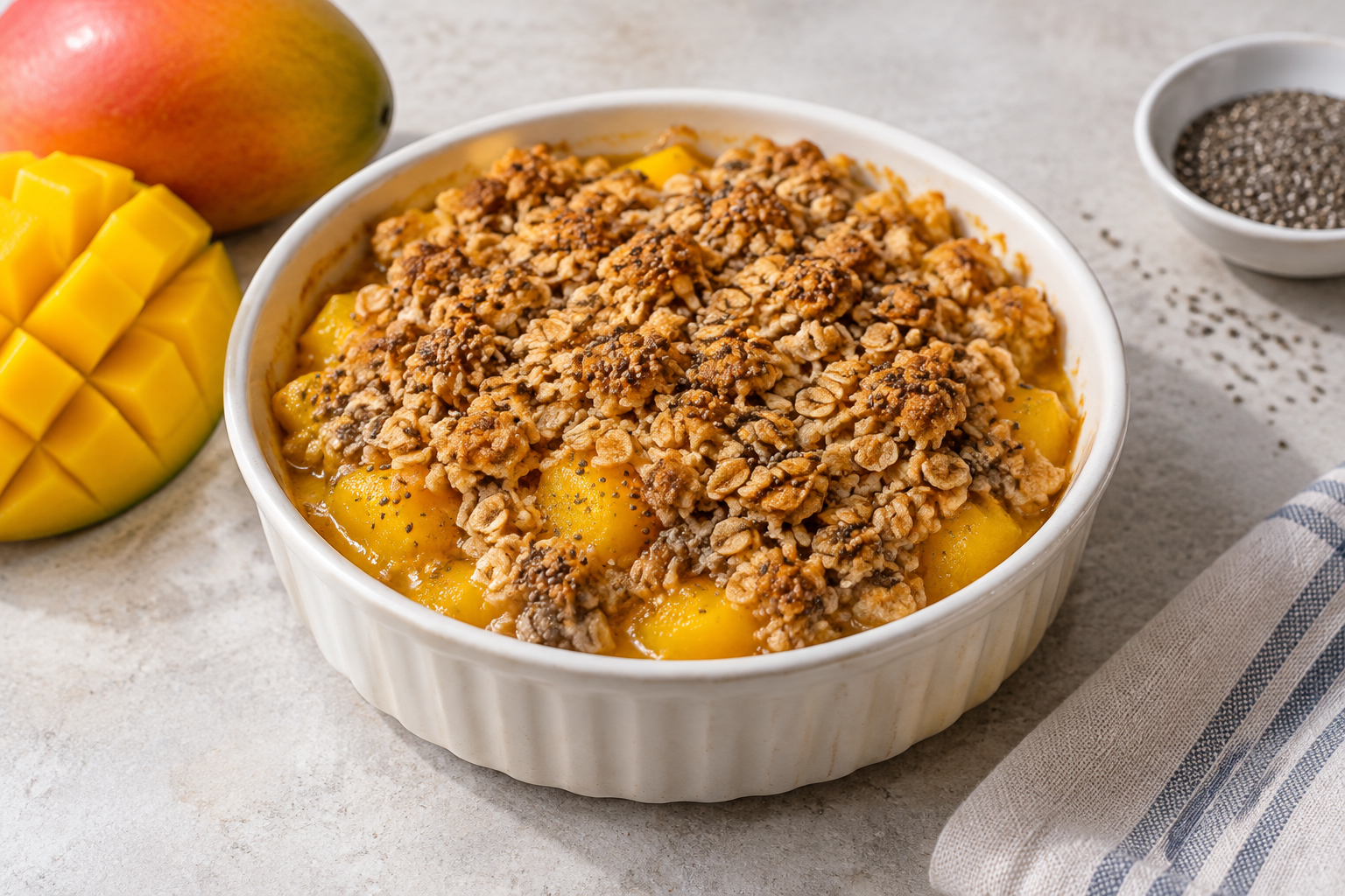 Crumble de aveia com manga e chia
