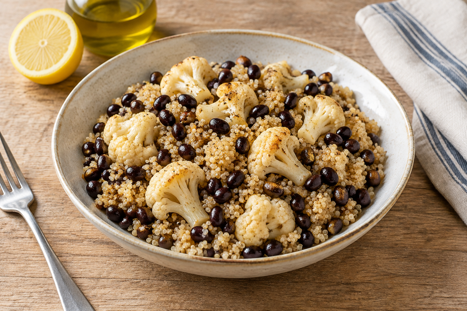 Quinoa quente com feijão preto cozido e couve-flor