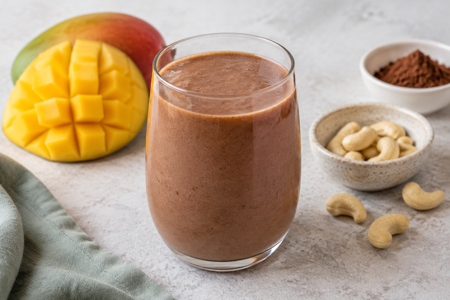 Vitamina cremosa com manga e castanha-de-caju com cacau em pó sem açúcar