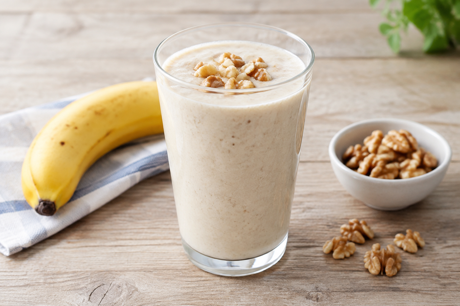 Vitamina cremosa com banana e nozes