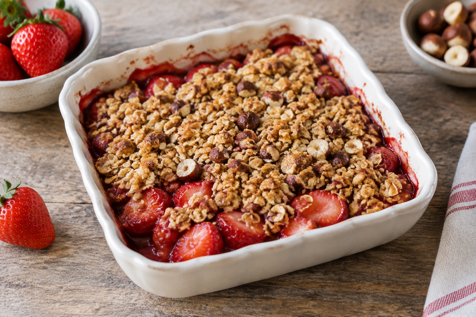 Crumble de aveia com morango e avelãs