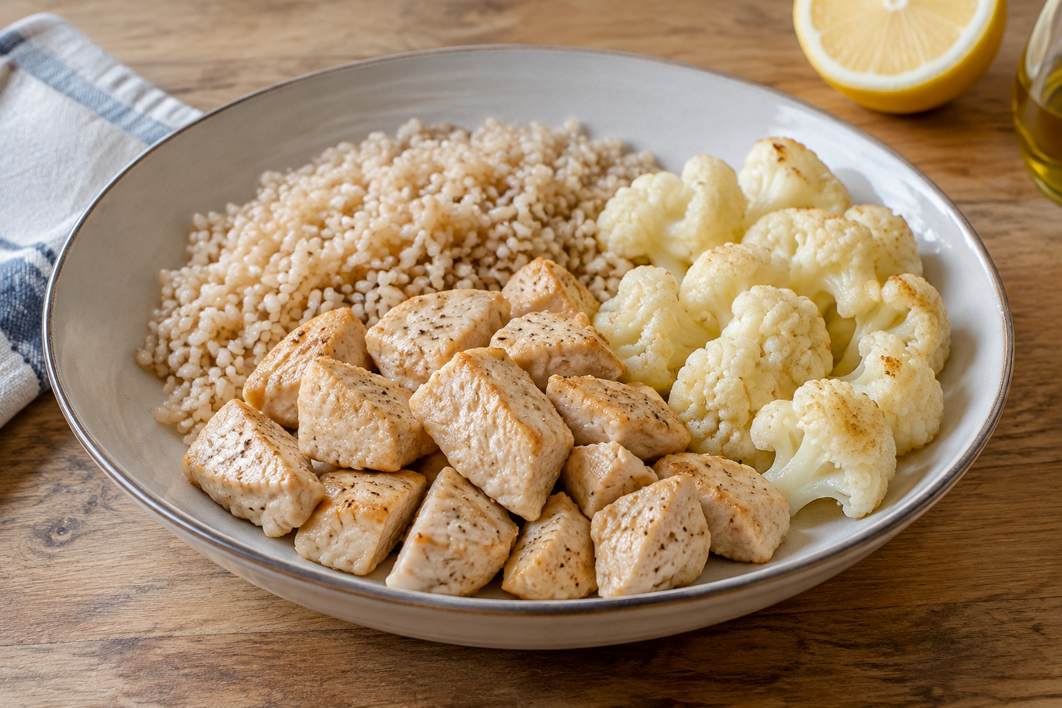 Quinoa quente com peito de frango e couve-flor · arroz integral