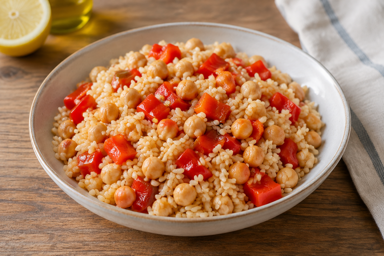 Arroz integral com grão-de-bico cozido e pimentão vermelho