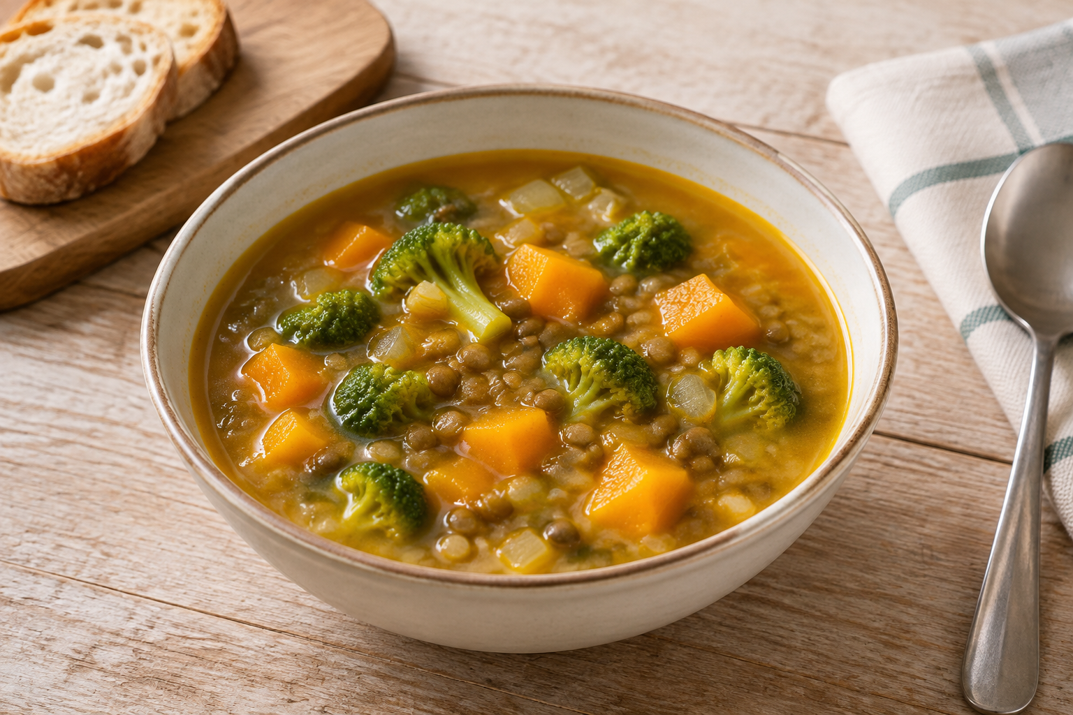 Sopa caseira com lentilha cozida e brócolis com abóbora em cubos