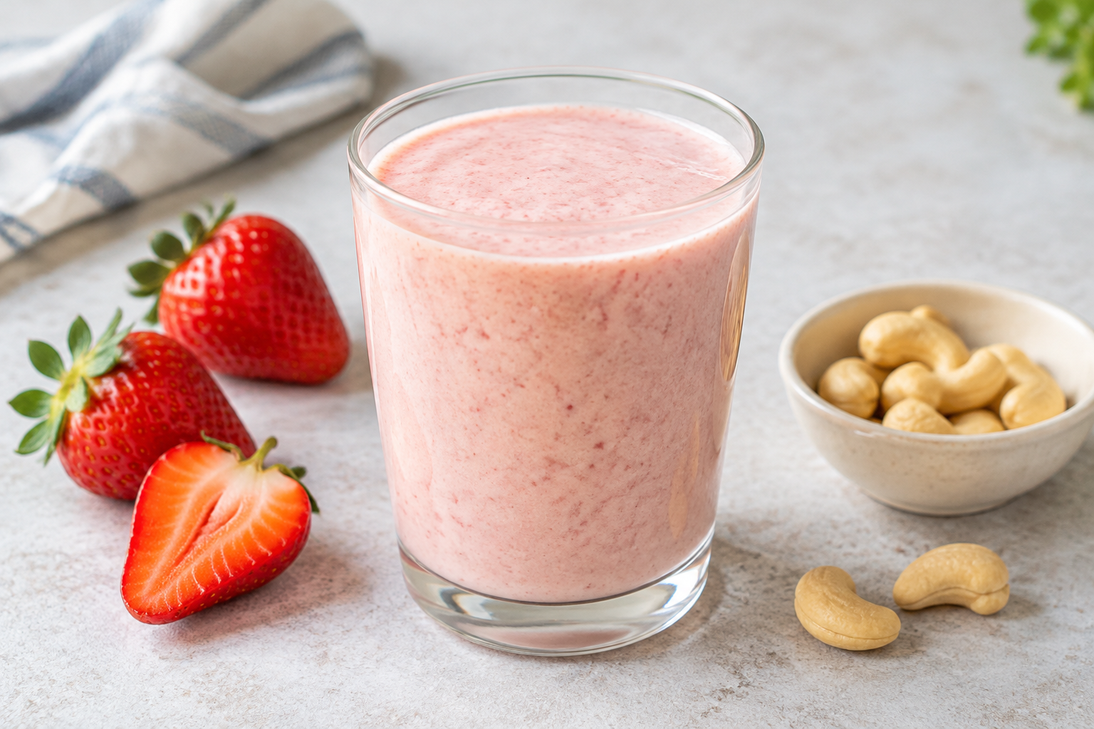 Vitamina cremosa com morango e castanha-de-caju