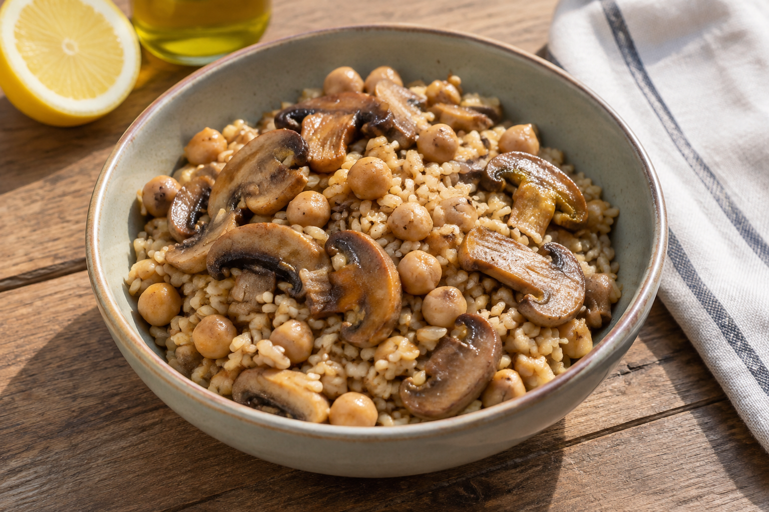 Bowl morno com grão-de-bico cozido e cogumelos · arroz integral