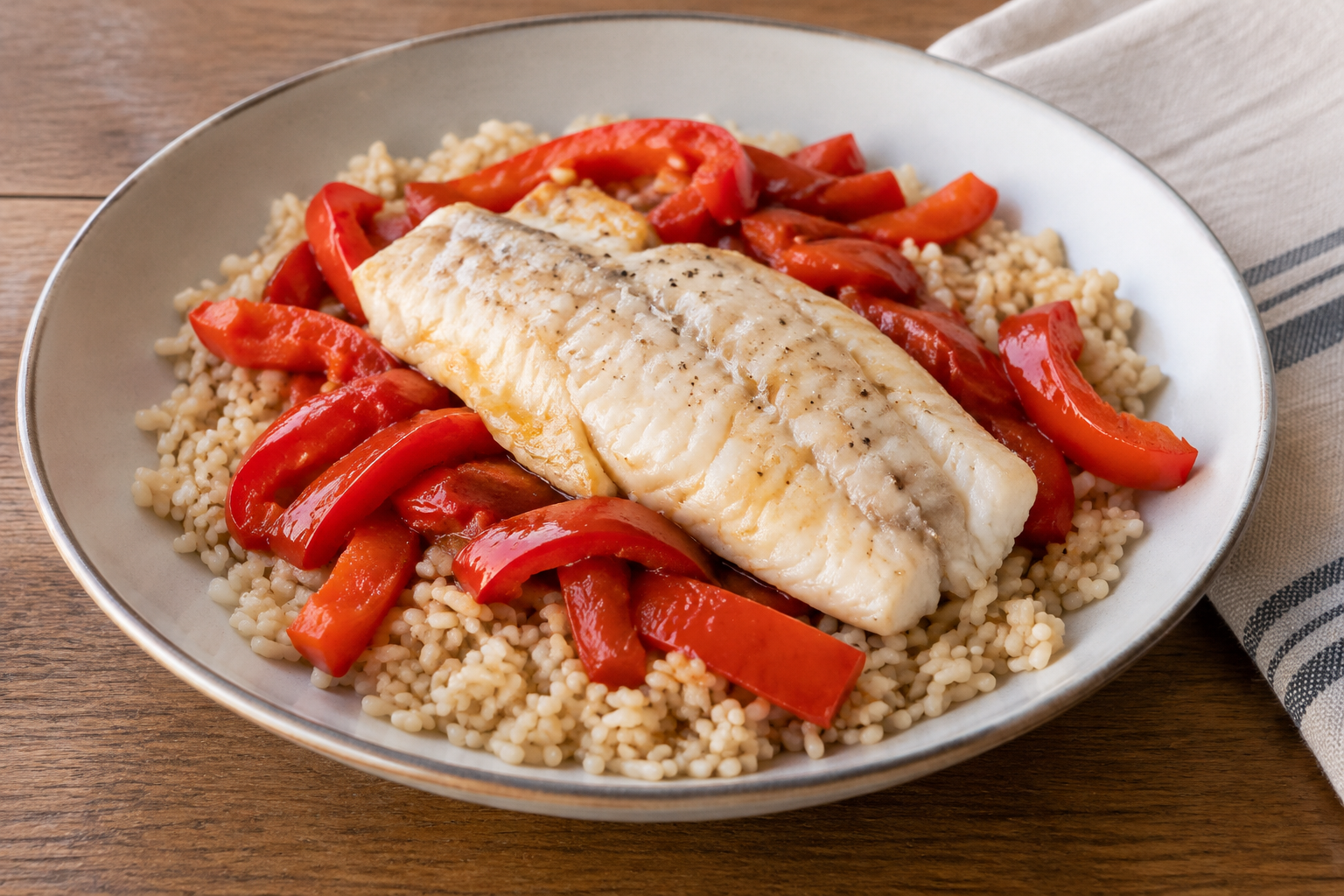 Arroz integral com tilápia e pimentão vermelho