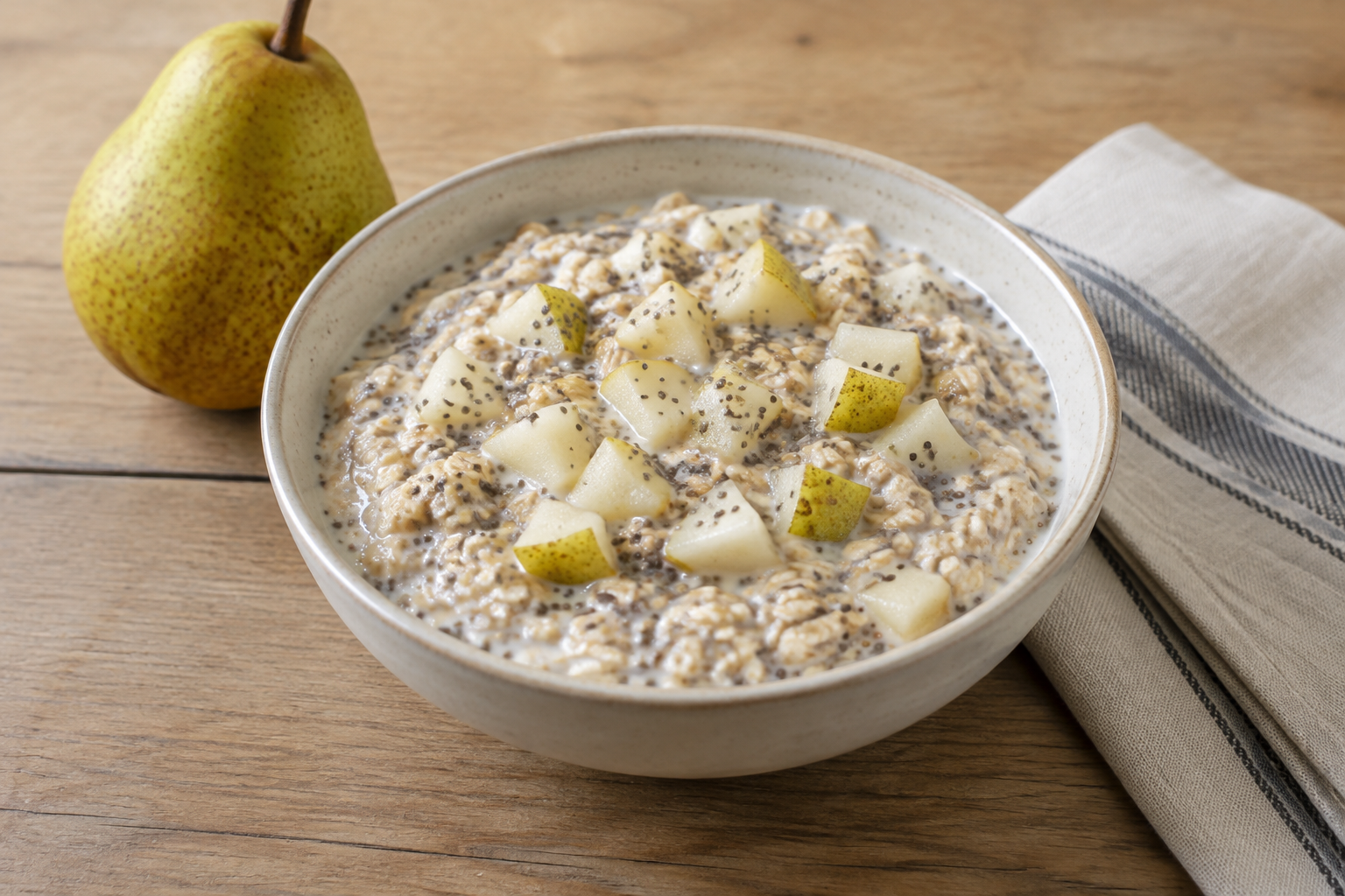Aveia de geladeira com pera e chia