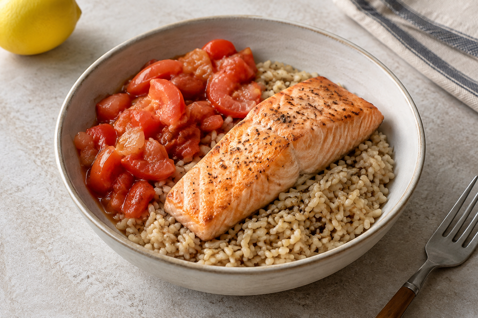 Bowl morno com salmão e tomate