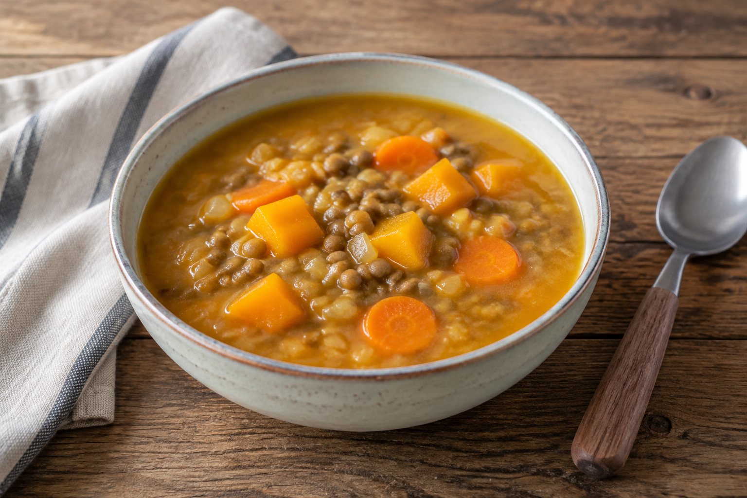 Sopa caseira com lentilha cozida e cenoura com abóbora em cubos