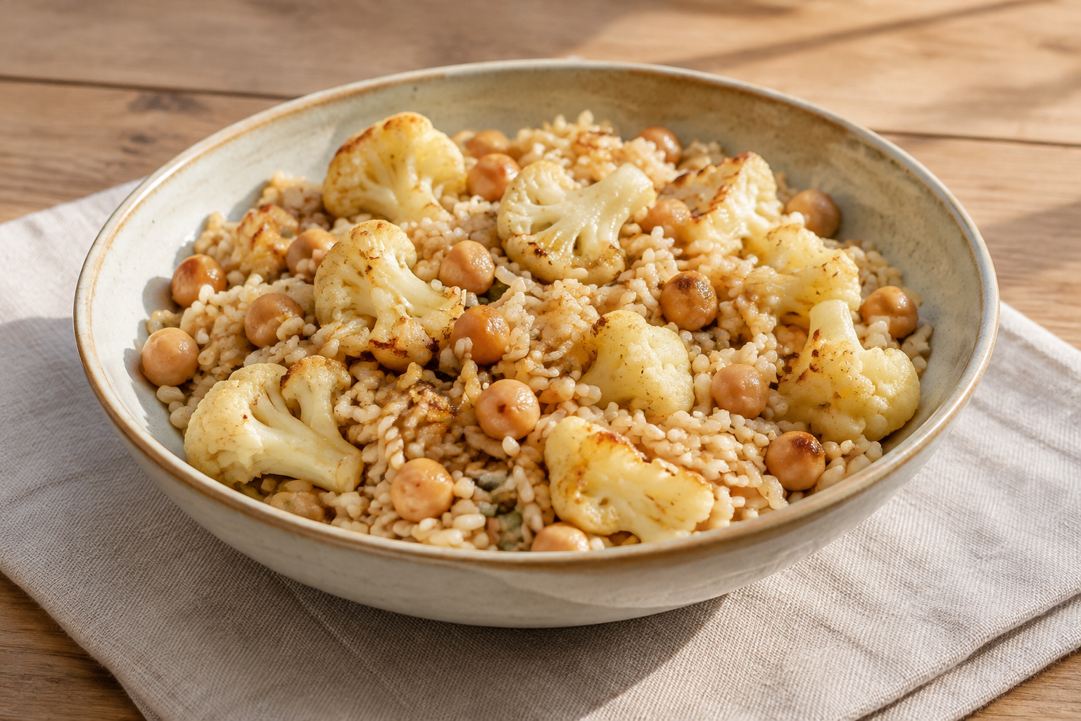 Arroz integral com grão-de-bico cozido e couve-flor