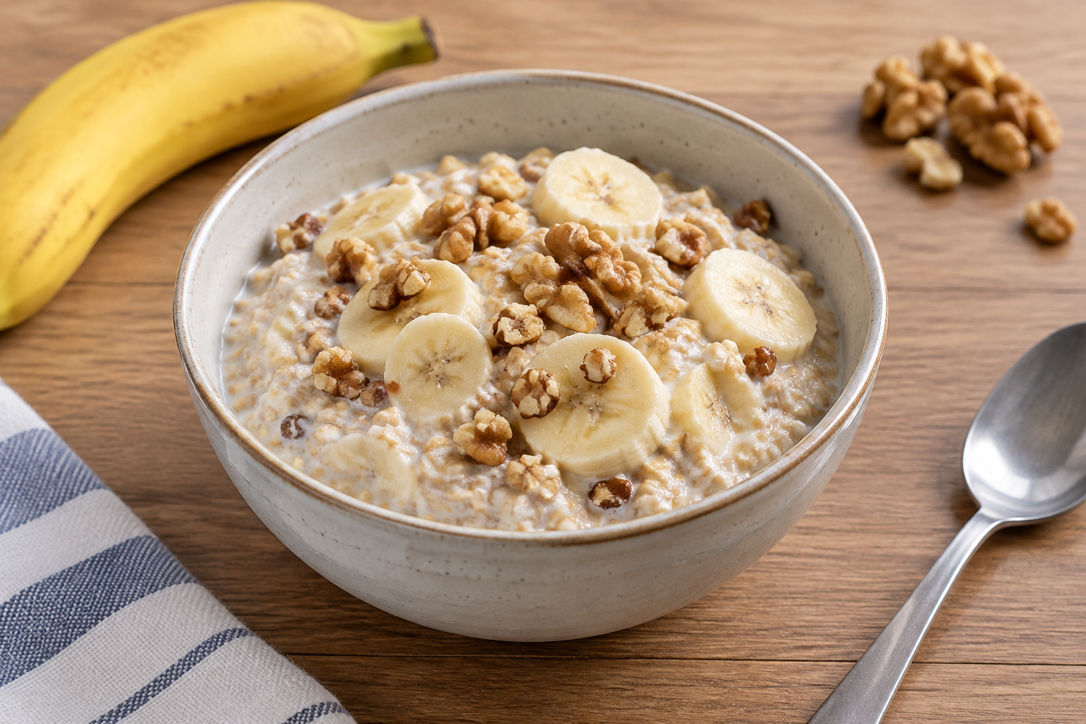 Aveia de geladeira com banana e nozes · leite integral