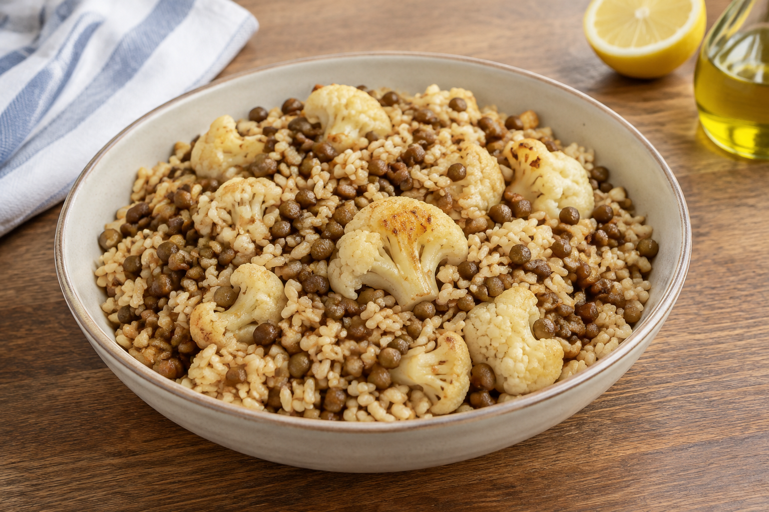 Arroz integral com lentilha cozida e couve-flor