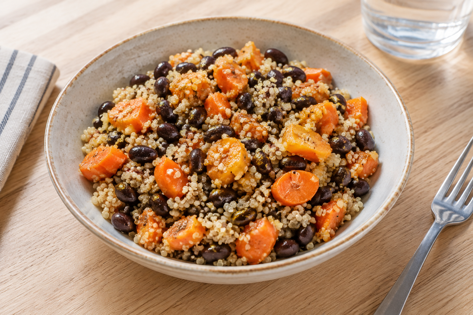 Quinoa quente com feijão preto cozido e cenoura