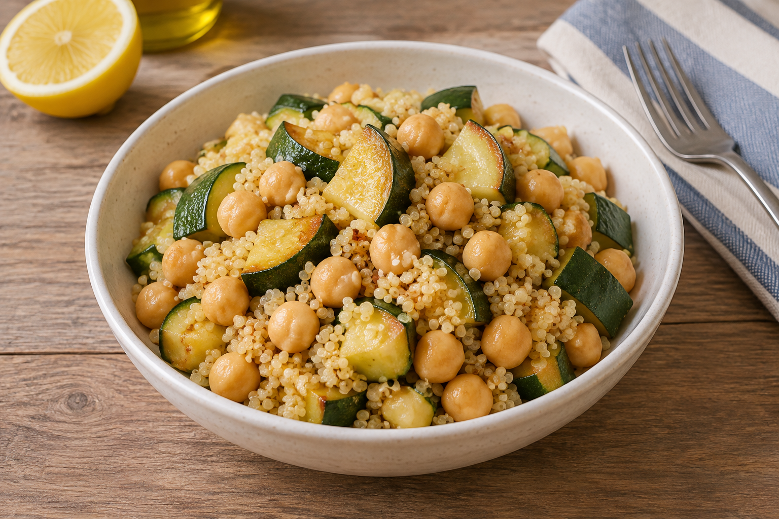 Quinoa quente com grão-de-bico cozido e abobrinha