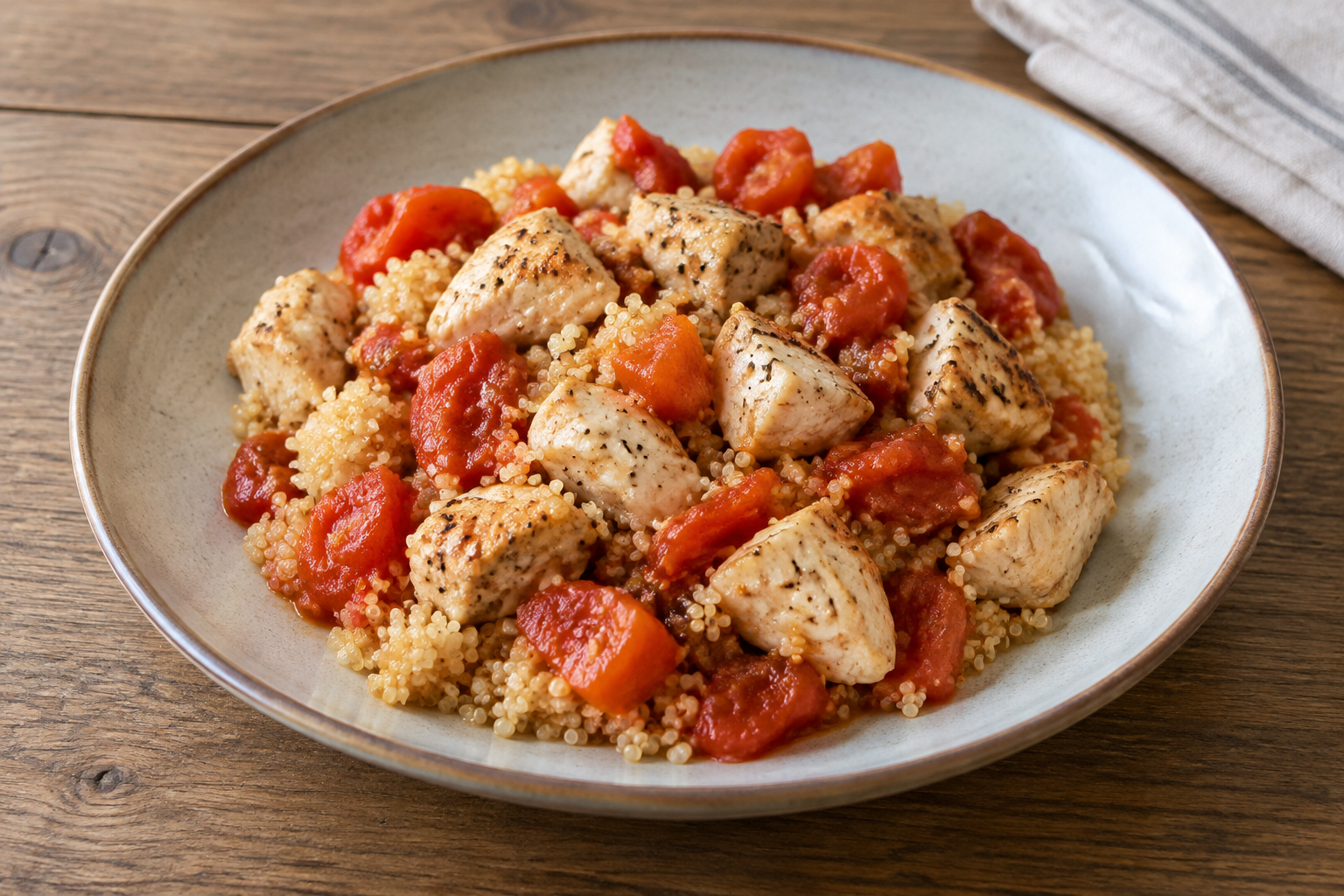Quinoa quente com peito de frango e tomate