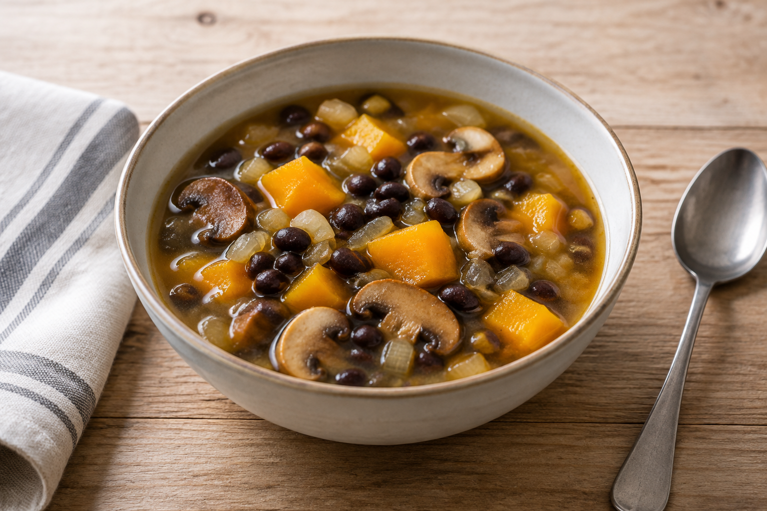 Sopa caseira com feijão preto cozido e cogumelos com abóbora em cubos
