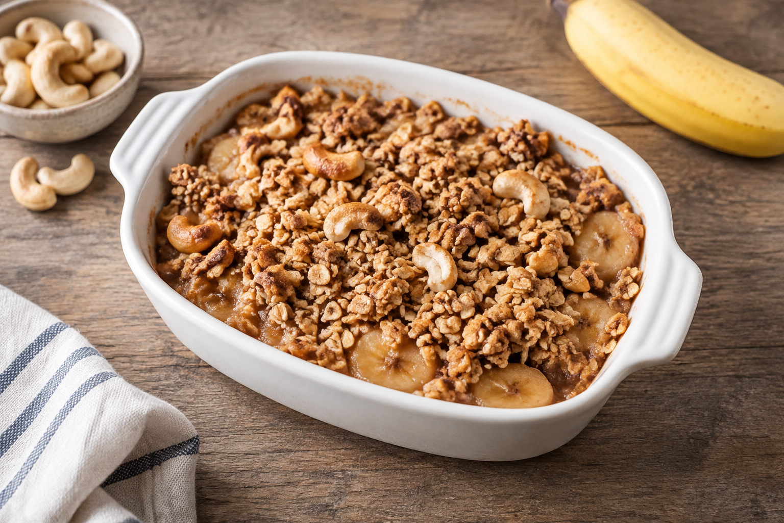 Crumble de aveia com banana e castanha-de-caju