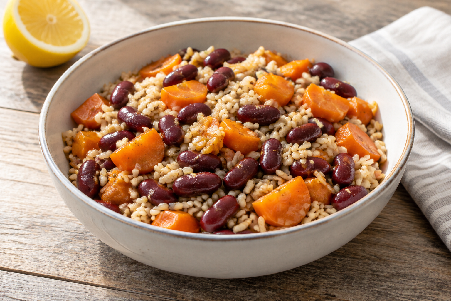 Bowl morno com feijão vermelho cozido e cenoura · arroz integral