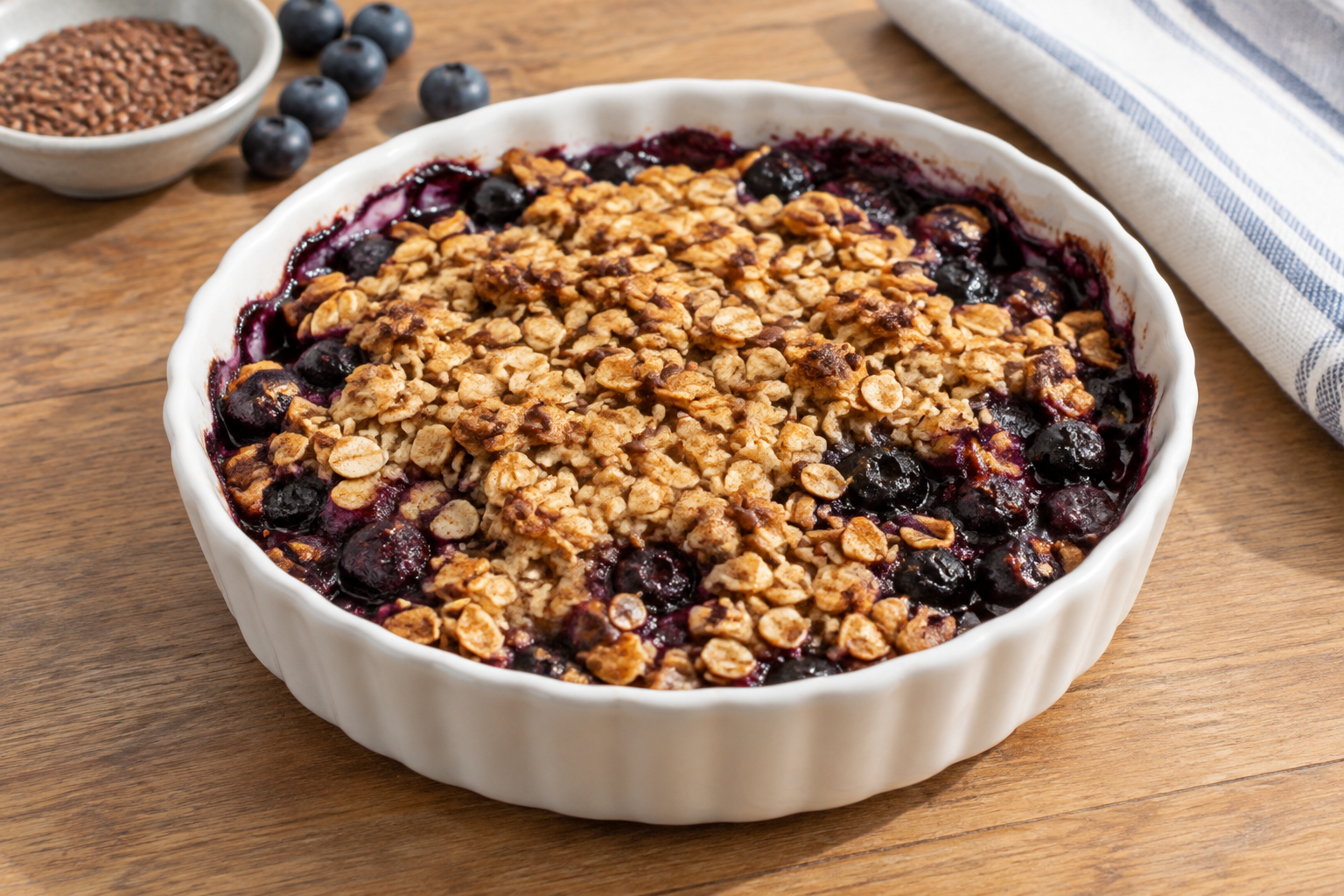 Crumble de aveia com mirtilo e linhaça