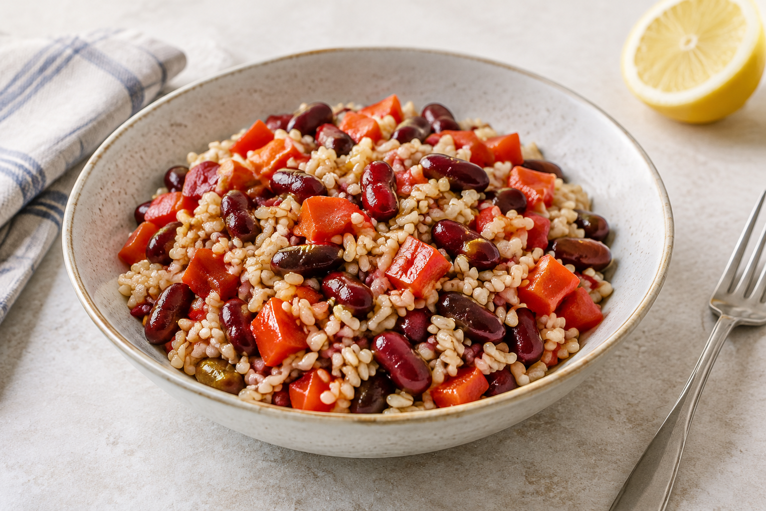 Quinoa quente com feijão vermelho cozido e pimentão vermelho · arroz integral