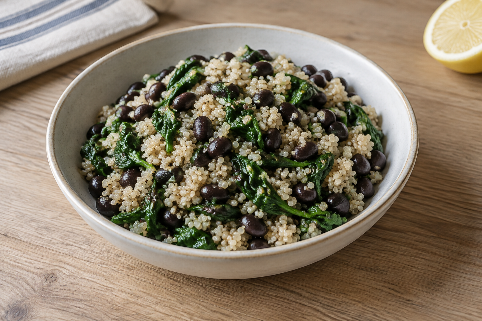 Arroz integral com feijão preto cozido e espinafre · quinoa