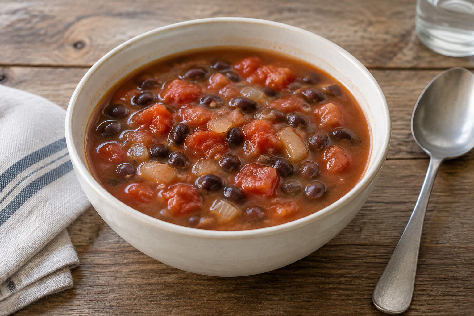 Sopa caseira com feijão preto cozido e tomate