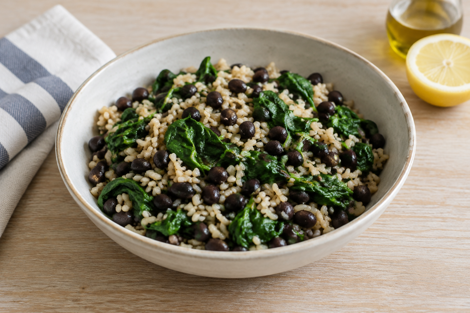 Quinoa quente com feijão preto cozido e espinafre · arroz integral