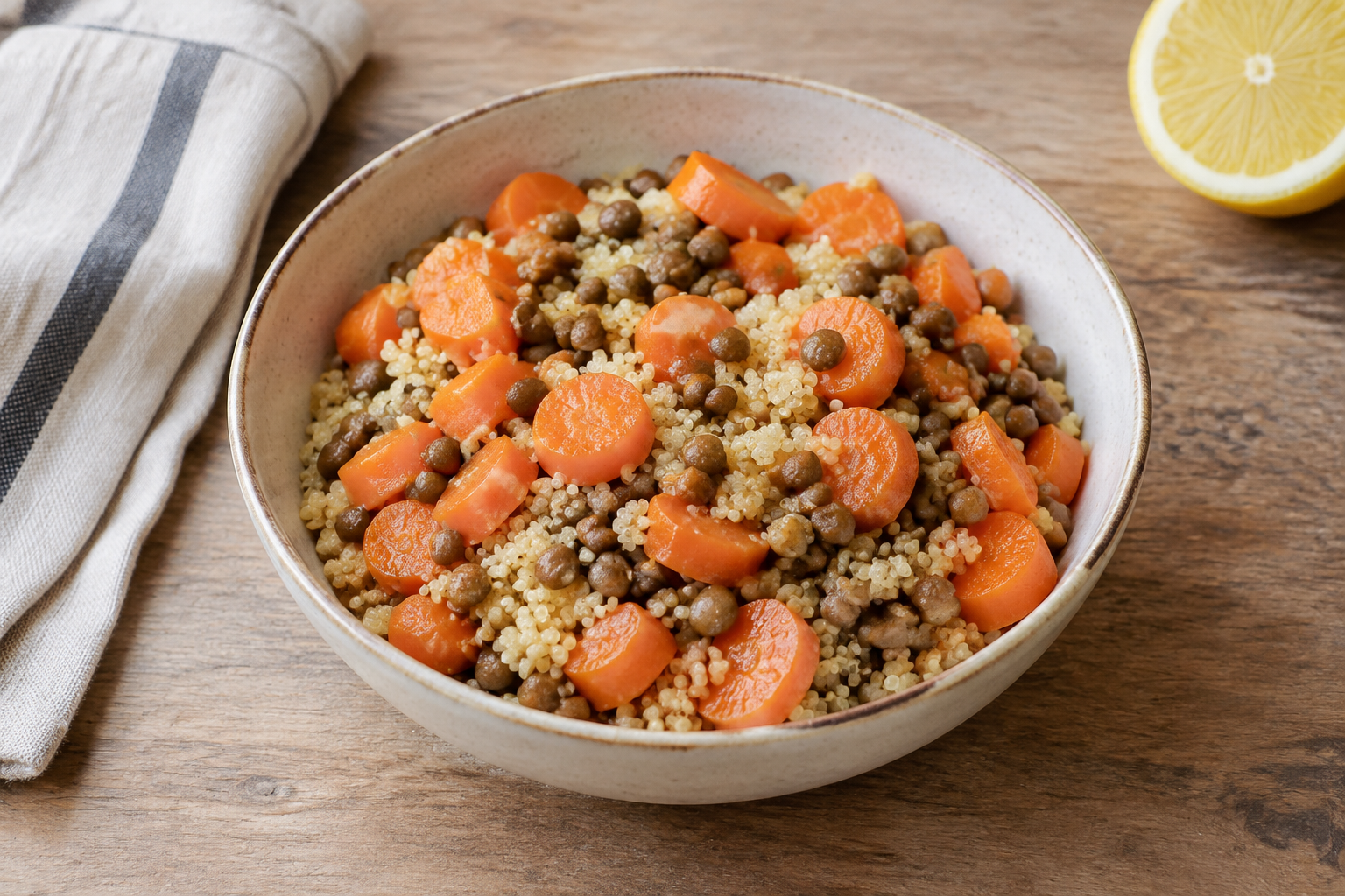 Bowl morno com lentilha cozida e cenoura · quinoa