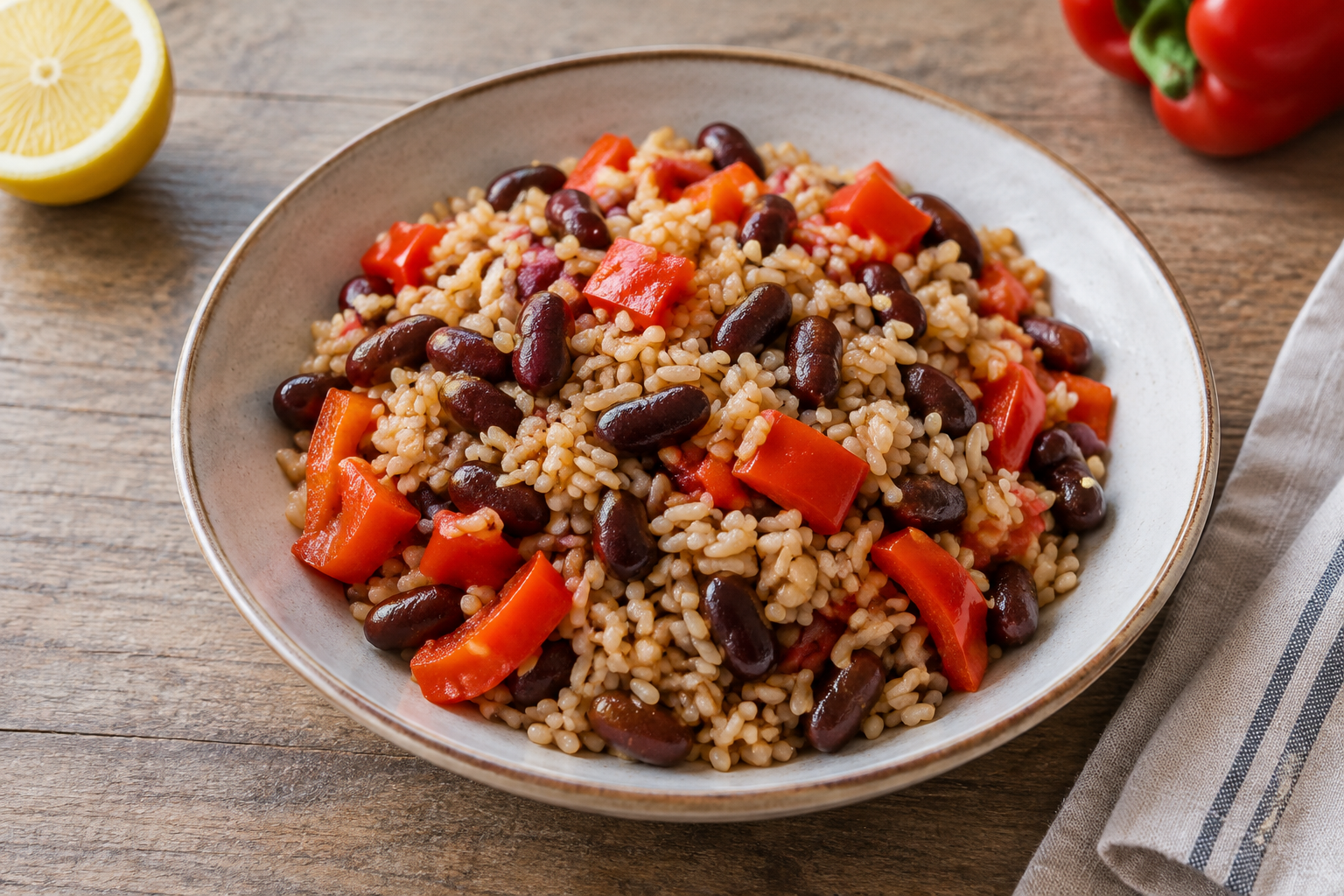 Arroz integral com feijão vermelho cozido e pimentão vermelho