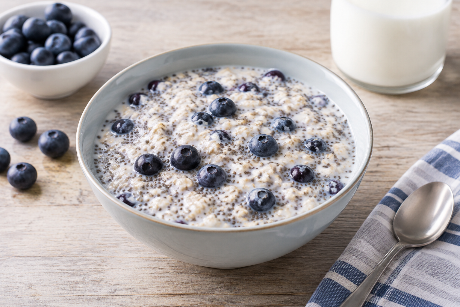 Aveia de geladeira com mirtilo e chia · leite integral