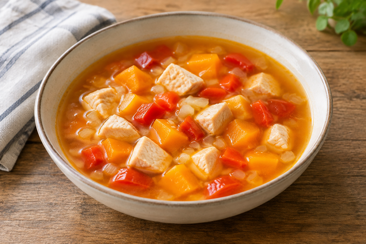 Sopa caseira com peito de frango e pimentão vermelho com abóbora em cubos