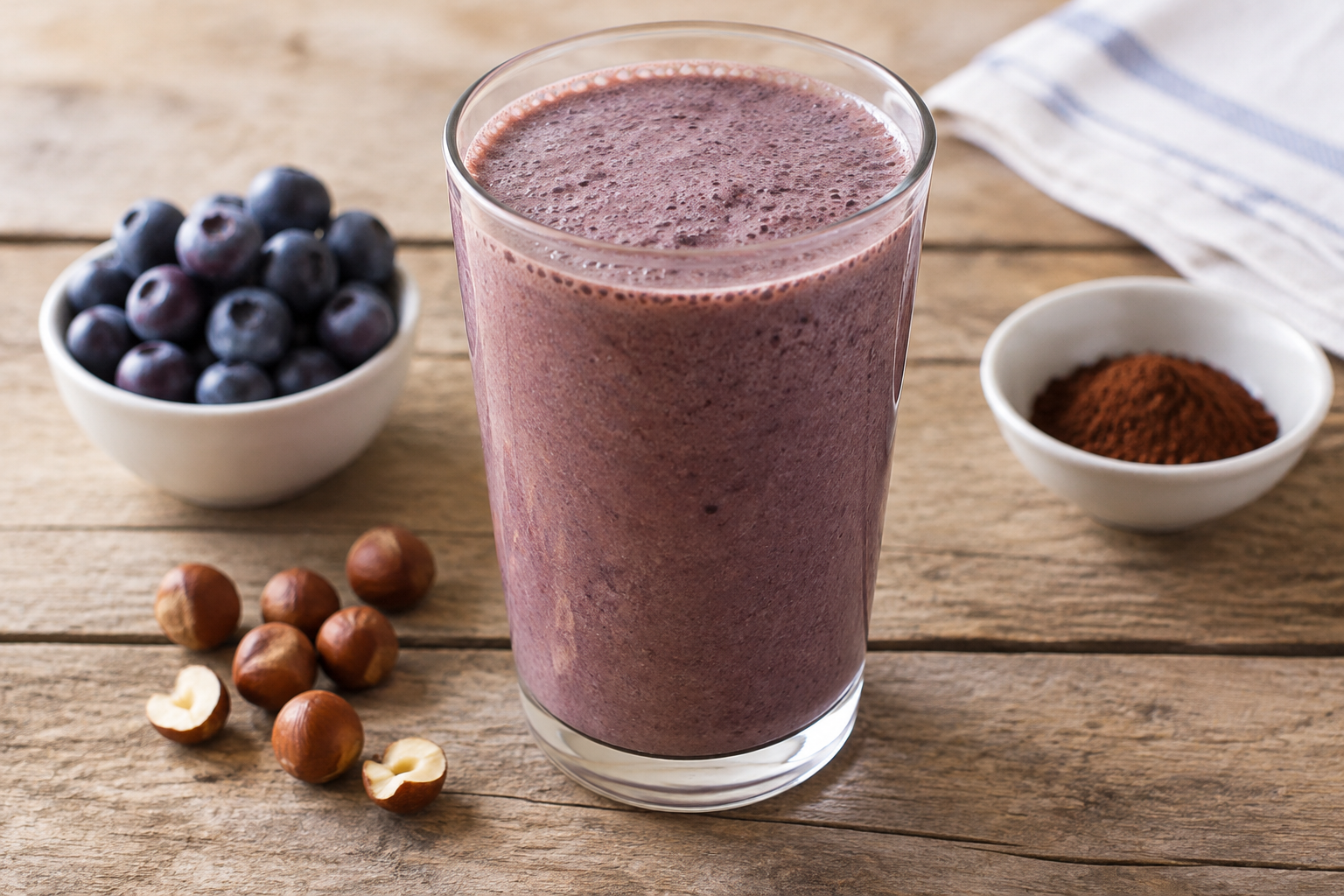Vitamina cremosa com mirtilo e avelãs com cacau em pó sem açúcar