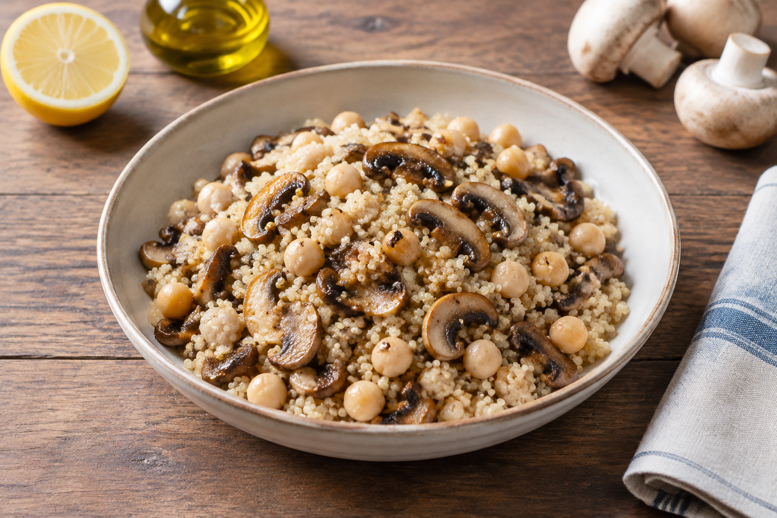Quinoa quente com grão-de-bico cozido e cogumelos