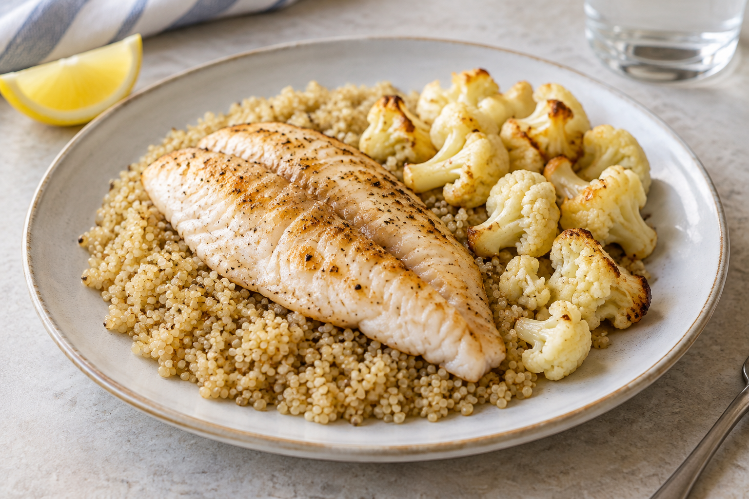 Quinoa quente com tilápia e couve-flor