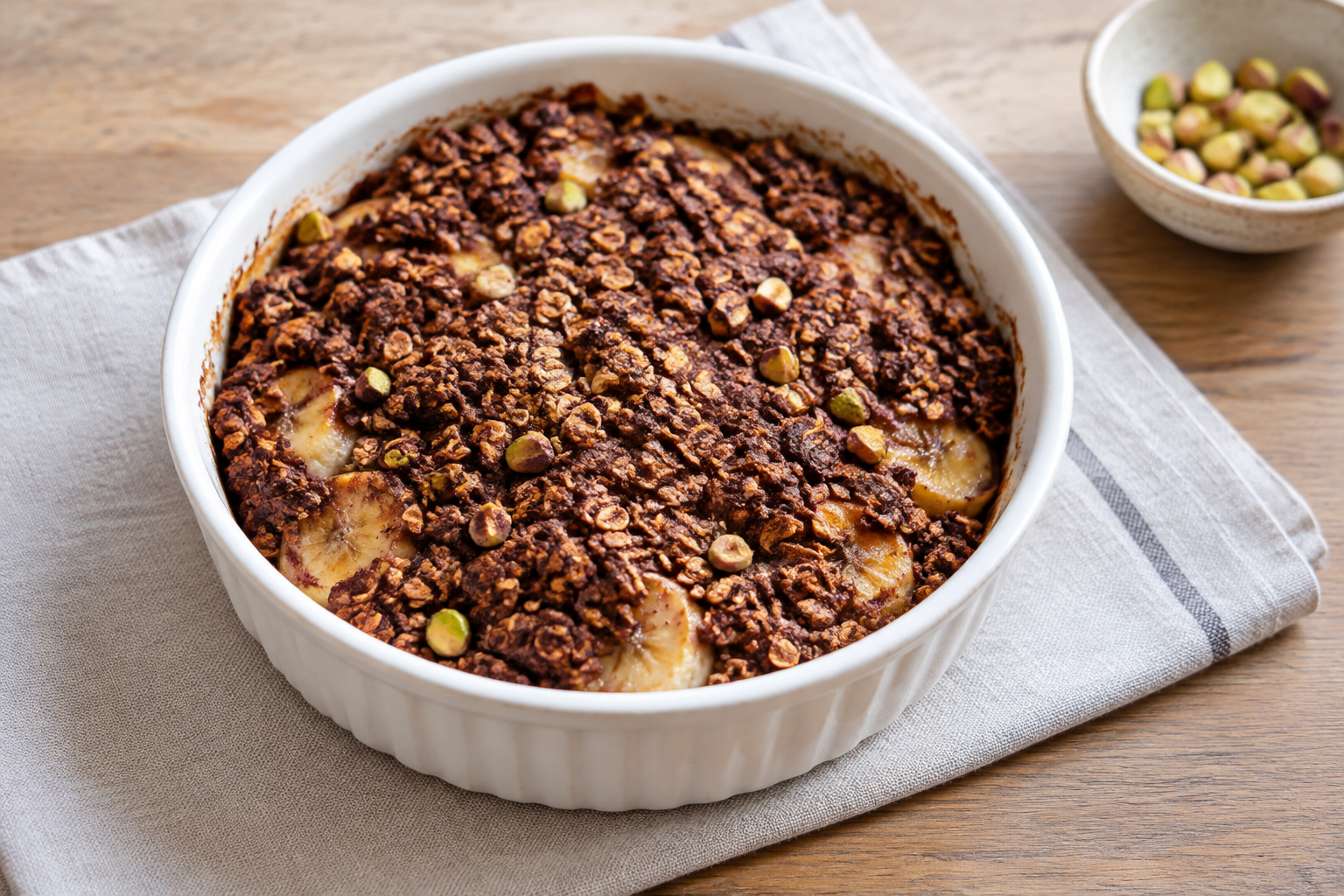Crumble de aveia com banana e pistache com cacau em pó sem açúcar