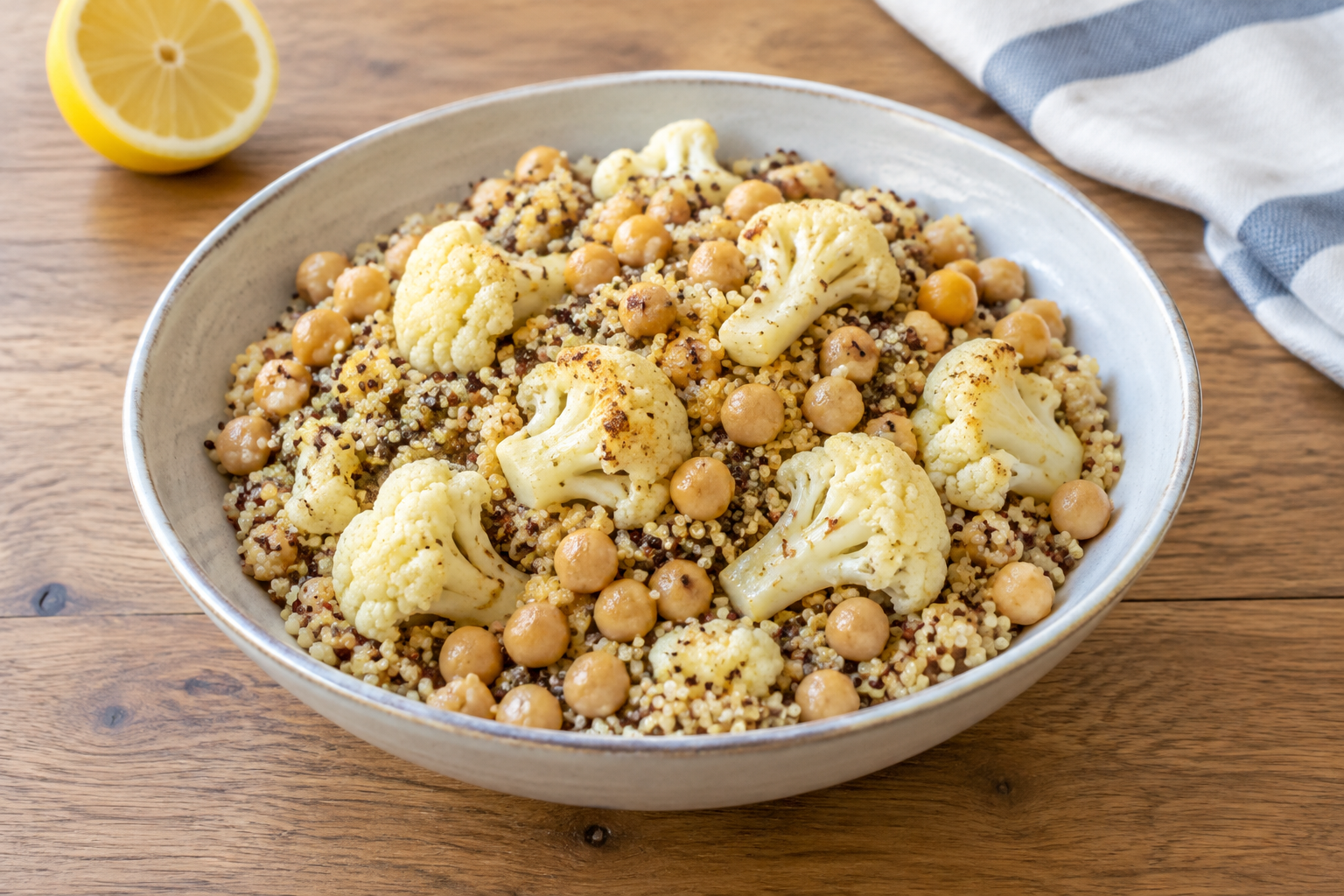 Arroz integral com grão-de-bico cozido e couve-flor · quinoa