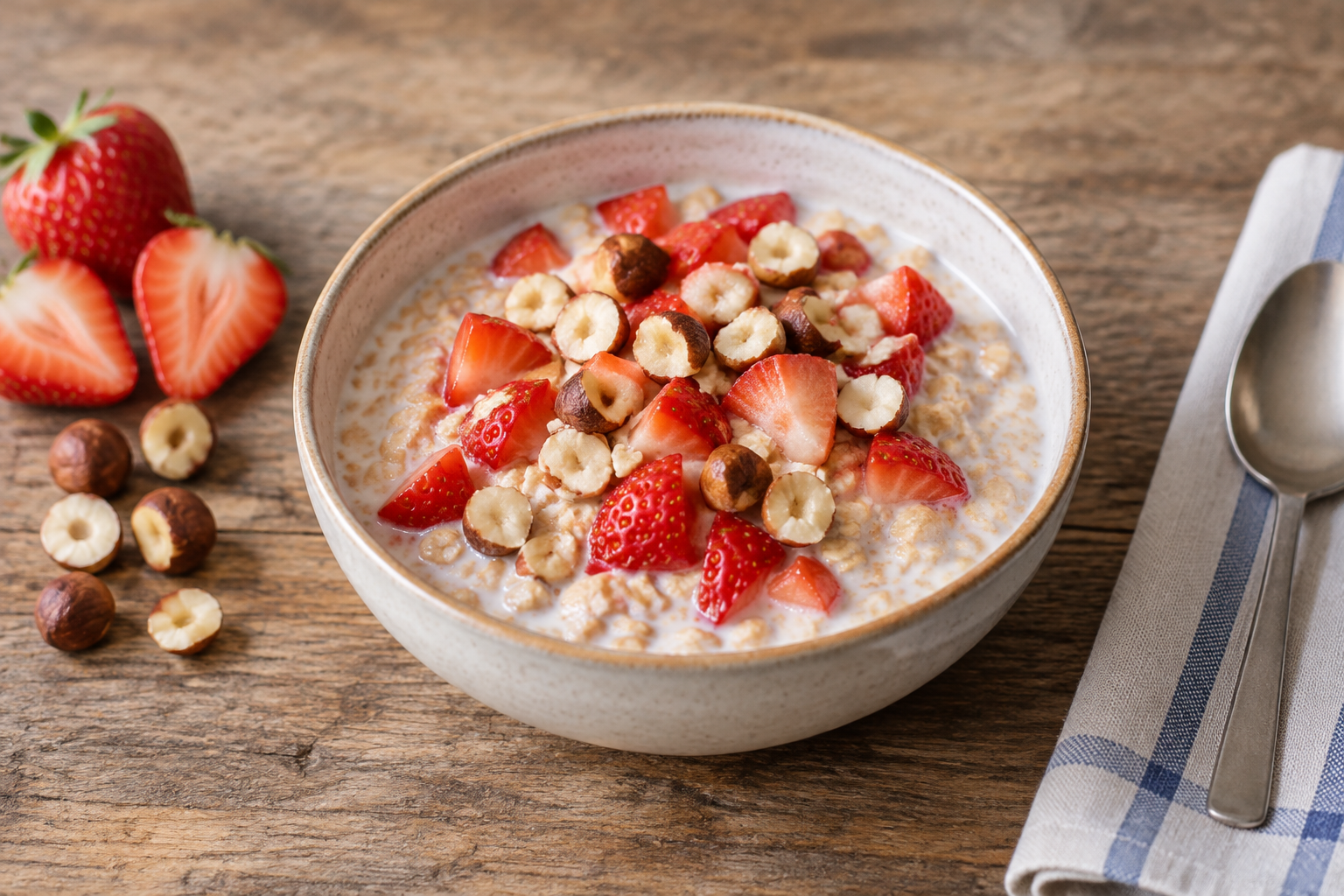 Aveia de geladeira com morango e avelãs