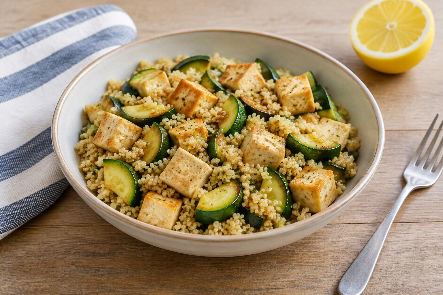 Quinoa quente com tofu firme e abobrinha