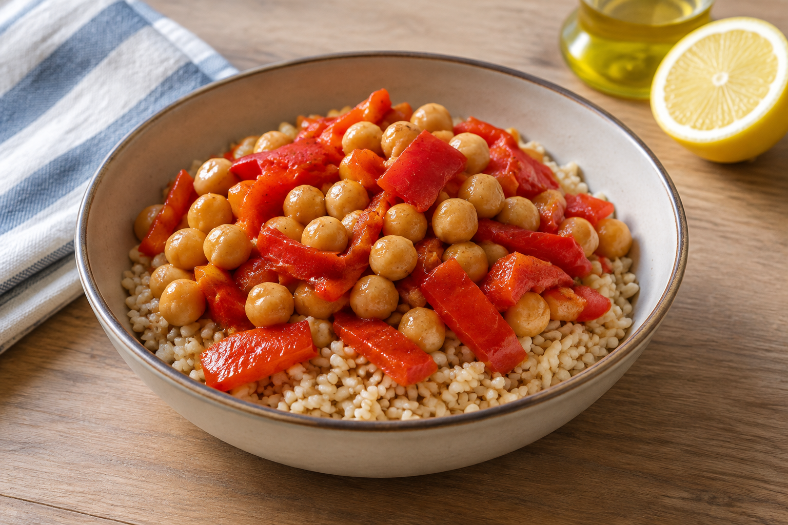 Bowl morno com grão-de-bico cozido e pimentão vermelho · arroz integral