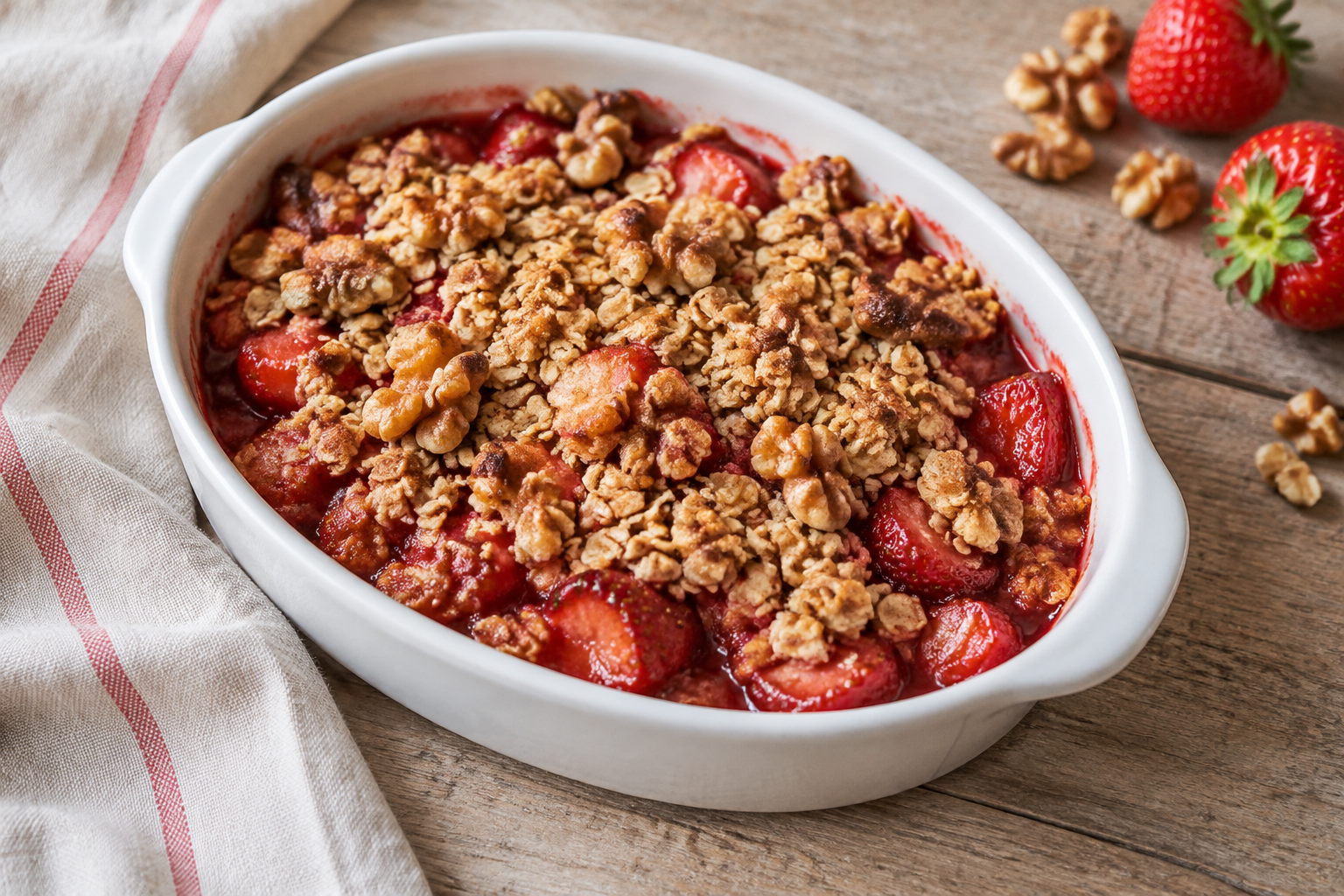 Crumble de aveia com morango e nozes