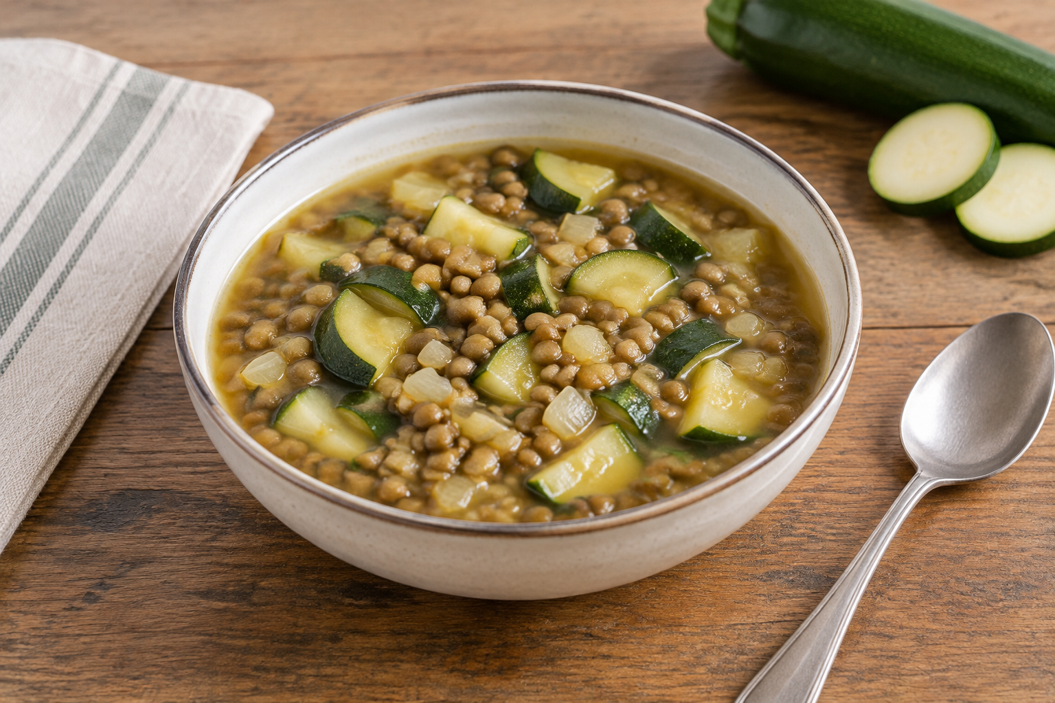 Sopa caseira com lentilha cozida e abobrinha