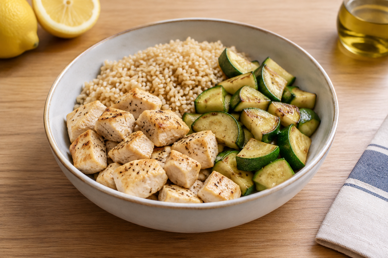 Bowl morno com peito de frango e abobrinha · arroz integral