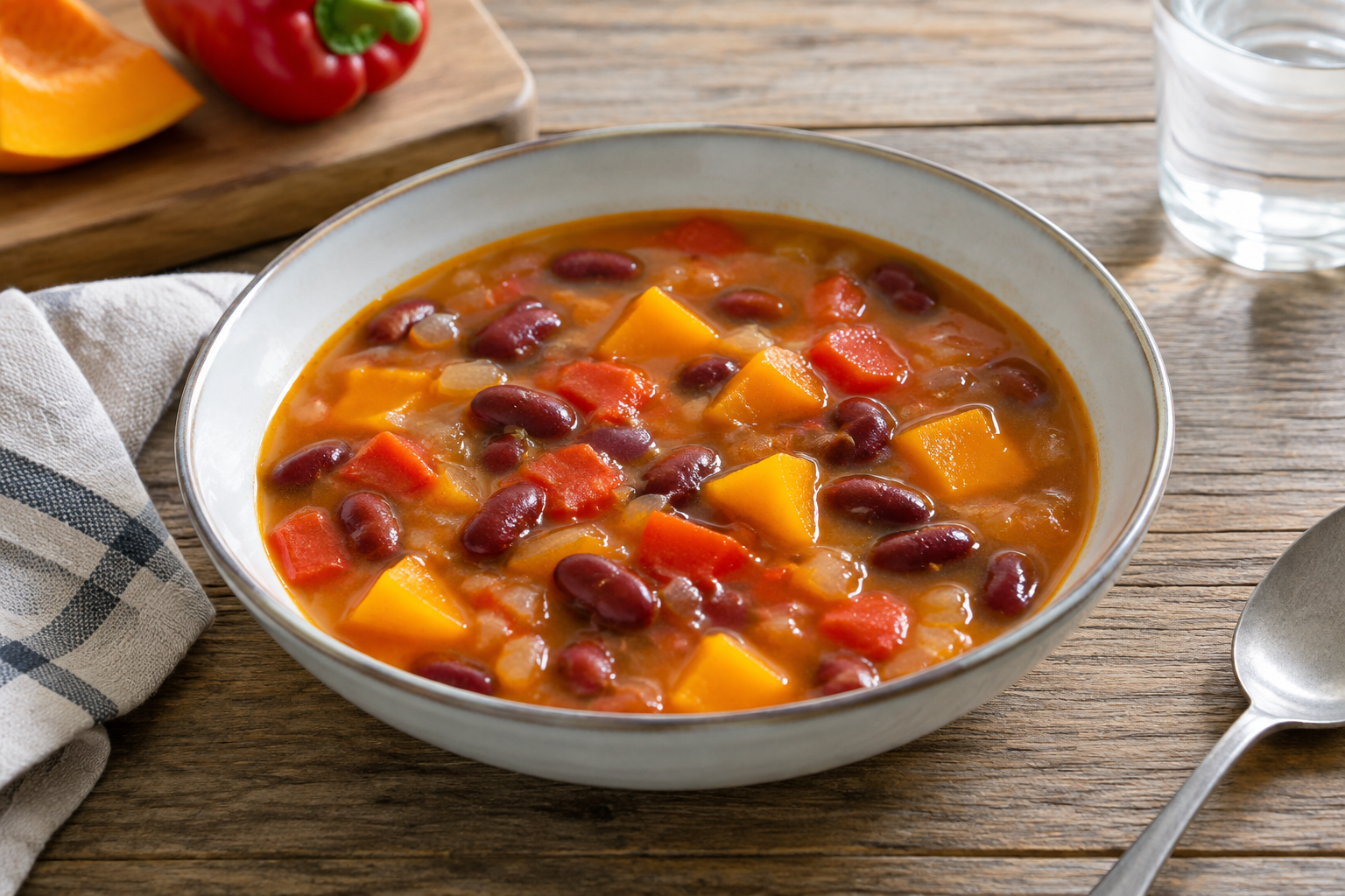 Sopa caseira com feijão vermelho cozido e pimentão vermelho com abóbora em cubos